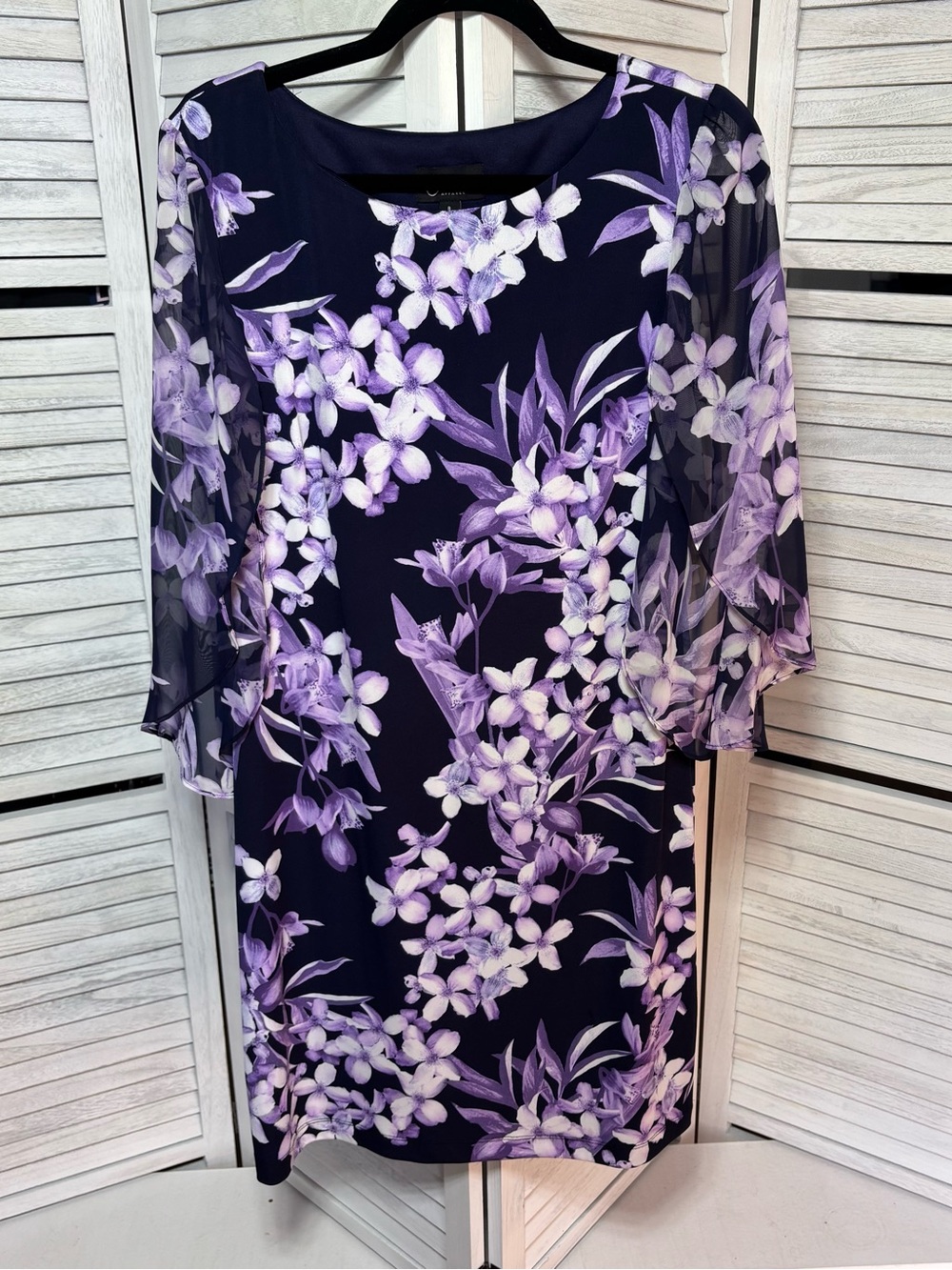 Connected Apparel Purple Floral Sheer Sleeve Shift Dress Size 8